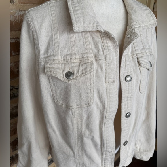 Skyes the Limit Off White Cropped Denim Jacket Stretch Silver Button LRG - Picture 4 of 11